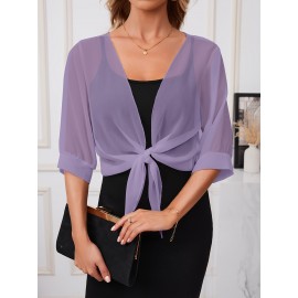 Xale Elegante de Poliéster Transparente com Detalhe de Laço na Frente – Acessório de Vestido Versátil, Leve e Respirável, Perfeito para Eventos de Primavera/Verão/Outono, Realçador de Roupa Estiloso|Xale com Laço na Frente|Textura Lisa e Brilhante, Xale C