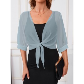 Xale Elegante de Poliéster Transparente com Detalhe de Laço na Frente – Acessório de Vestido Versátil, Leve e Respirável, Perfeito para Eventos de Primavera/Verão/Outono, Realçador de Roupa Estiloso|Xale com Laço na Frente|Textura Lisa e Brilhante, Xale C