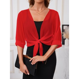 Xale Elegante de Poliéster Transparente com Detalhe de Laço na Frente – Acessório de Vestido Versátil, Leve e Respirável, Perfeito para Eventos de Primavera/Verão/Outono, Realçador de Roupa Estiloso|Xale com Laço na Frente|Textura Lisa e Brilhante, Xale C