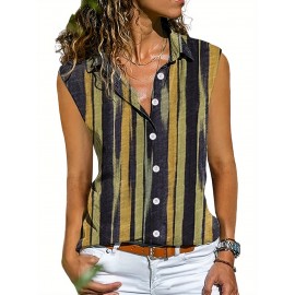 Camiseta Feminina Sem Mangas com Botões - Blusa Casual de Listras Verticais e Bloco de Cores, Gola Aberta Streetwear, Tecido Leve Lavável em Máquina para Verão, Roupas Fáceis de Cuidar, Looks Modernos