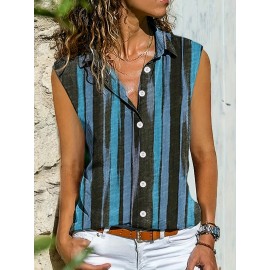 Camiseta Feminina Sem Mangas com Botões - Blusa Casual de Listras Verticais e Bloco de Cores, Gola Aberta Streetwear, Tecido Leve Lavável em Máquina para Verão, Roupas Fáceis de Cuidar, Looks Modernos