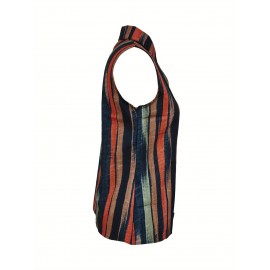 Camiseta Feminina Sem Mangas com Botões - Blusa Casual de Listras Verticais e Bloco de Cores, Gola Aberta Streetwear, Tecido Leve Lavável em Máquina para Verão, Roupas Fáceis de Cuidar, Looks Modernos