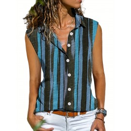 Camiseta Feminina Sem Mangas com Botões - Blusa Casual de Listras Verticais e Bloco de Cores, Gola Aberta Streetwear, Tecido Leve Lavável em Máquina para Verão, Roupas Fáceis de Cuidar, Looks Modernos