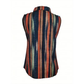 Camiseta Feminina Sem Mangas com Botões - Blusa Casual de Listras Verticais e Bloco de Cores, Gola Aberta Streetwear, Tecido Leve Lavável em Máquina para Verão, Roupas Fáceis de Cuidar, Looks Modernos