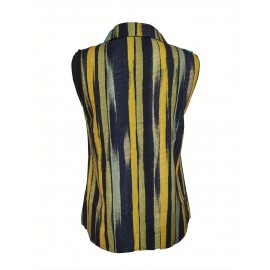 Camiseta Feminina Sem Mangas com Botões - Blusa Casual de Listras Verticais e Bloco de Cores, Gola Aberta Streetwear, Tecido Leve Lavável em Máquina para Verão, Roupas Fáceis de Cuidar, Looks Modernos