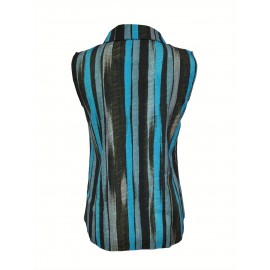 Camiseta Feminina Sem Mangas com Botões - Blusa Casual de Listras Verticais e Bloco de Cores, Gola Aberta Streetwear, Tecido Leve Lavável em Máquina para Verão, Roupas Fáceis de Cuidar, Looks Modernos