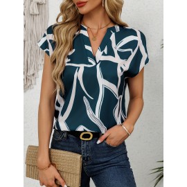 Blusa Com Estampa Gráfica E Decote Em V, Blusa Elegante De Manga Cap Para Primavera E Verão, Roupas Femininas