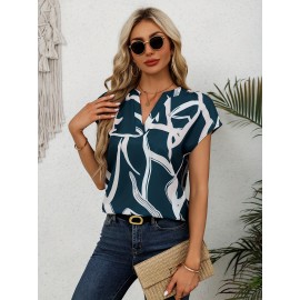 Blusa Com Estampa Gráfica E Decote Em V, Blusa Elegante De Manga Cap Para Primavera E Verão, Roupas Femininas