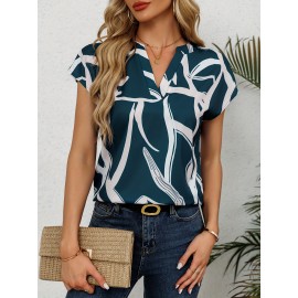 Blusa Com Estampa Gráfica E Decote Em V, Blusa Elegante De Manga Cap Para Primavera E Verão, Roupas Femininas