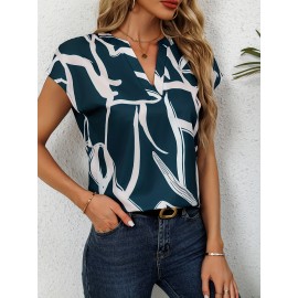 Blusa Com Estampa Gráfica E Decote Em V, Blusa Elegante De Manga Cap Para Primavera E Verão, Roupas Femininas