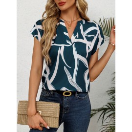 Blusa Com Estampa Gráfica E Decote Em V, Blusa Elegante De Manga Cap Para Primavera E Verão, Roupas Femininas