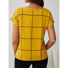 Blusa Feminina Elegante com Decote em V e Manga Curta - Estampa Xadrez Azul Marinho e Branco, Lavável na Máquina, Corte Regular Silhueta H para Looks Casuais e Profissionais, Moda Versátil, Tecido Não Transparente, Top Respirável, Ideal para Escritório, A