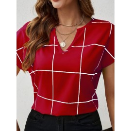 Blusa Feminina Elegante com Decote em V e Manga Curta - Estampa Xadrez Azul Marinho e Branco, Lavável na Máquina, Corte Regular Silhueta H para Looks Casuais e Profissionais, Moda Versátil, Tecido Não Transparente, Top Respirável, Ideal para Escritório, A
