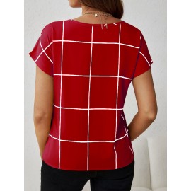 Blusa Feminina Elegante com Decote em V e Manga Curta - Estampa Xadrez Azul Marinho e Branco, Lavável na Máquina, Corte Regular Silhueta H para Looks Casuais e Profissionais, Moda Versátil, Tecido Não Transparente, Top Respirável, Ideal para Escritório, A