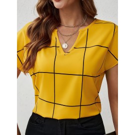 Blusa Feminina Elegante com Decote em V e Manga Curta - Estampa Xadrez Azul Marinho e Branco, Lavável na Máquina, Corte Regular Silhueta H para Looks Casuais e Profissionais, Moda Versátil, Tecido Não Transparente, Top Respirável, Ideal para Escritório, A