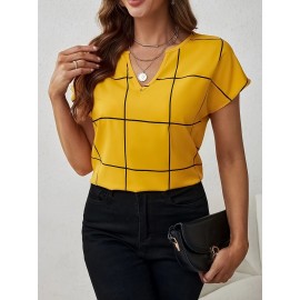 Blusa Feminina Elegante com Decote em V e Manga Curta - Estampa Xadrez Azul Marinho e Branco, Lavável na Máquina, Corte Regular Silhueta H para Looks Casuais e Profissionais, Moda Versátil, Tecido Não Transparente, Top Respirável, Ideal para Escritório, A