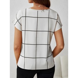 Blusa Feminina Elegante com Decote em V e Manga Curta - Estampa Xadrez Azul Marinho e Branco, Lavável na Máquina, Corte Regular Silhueta H para Looks Casuais e Profissionais, Moda Versátil, Tecido Não Transparente, Top Respirável, Ideal para Escritório, A