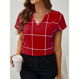 Blusa Feminina Elegante com Decote em V e Manga Curta - Estampa Xadrez Azul Marinho e Branco, Lavável na Máquina, Corte Regular Silhueta H para Looks Casuais e Profissionais, Moda Versátil, Tecido Não Transparente, Top Respirável, Ideal para Escritório, A