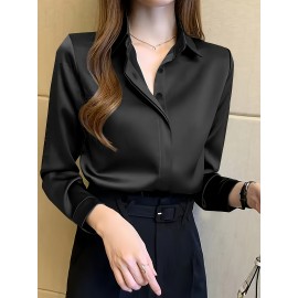 Camisa de manga comprida com botões para mulheres - Branca, Roupa de trabalho profissional com fecho de botão único, Perfeita para entrevistas e vestuário de negócios, Vestuário de escritório|Botão chic|Ajuste elegante