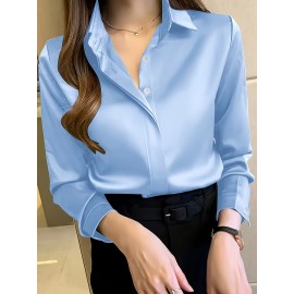 Camisa de manga comprida com botões para mulheres - Branca, Roupa de trabalho profissional com fecho de botão único, Perfeita para entrevistas e vestuário de negócios, Vestuário de escritório|Botão chic|Ajuste elegante