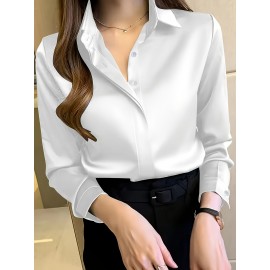 Camisa de manga comprida com botões para mulheres - Branca, Roupa de trabalho profissional com fecho de botão único, Perfeita para entrevistas e vestuário de negócios, Vestuário de escritório|Botão chic|Ajuste elegante