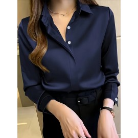 Camisa de manga comprida com botões para mulheres - Branca, Roupa de trabalho profissional com fecho de botão único, Perfeita para entrevistas e vestuário de negócios, Vestuário de escritório|Botão chic|Ajuste elegante