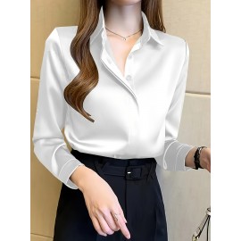 Camisa de manga comprida com botões para mulheres - Branca, Roupa de trabalho profissional com fecho de botão único, Perfeita para entrevistas e vestuário de negócios, Vestuário de escritório|Botão chic|Ajuste elegante