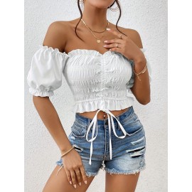 Top de alças com folhos e cordão frontal - Branco, cor sólida, manga curta, blusa casual de verão para praia, férias e festas, essencial para o verão | Top com detalhe de folhos | Textura