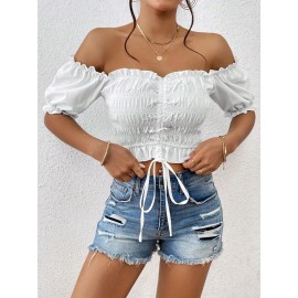 Top de alças com folhos e cordão frontal - Branco, cor sólida, manga curta, blusa casual de verão para praia, férias e festas, essencial para o verão | Top com detalhe de folhos | Textura