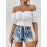 Top de alças com folhos e cordão frontal - Branco, cor sólida, manga curta, blusa casual de verão para praia, férias e festas, essencial para o verão | Top com detalhe de folhos | Textura