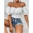 Top de alças com folhos e cordão frontal - Branco, cor sólida, manga curta, blusa casual de verão para praia, férias e festas, essencial para o verão | Top com detalhe de folhos | Textura