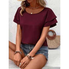Blusa Elegante de Manga Curta com Babados Duplos em Borgonha para Mulheres - Top de Verão com Gola Redonda e Tecido Respirável, Caimento Regular para Looks Casuais & Formais, Camisas Femininas, Realce de Roupa Elegante, Material Não Transparente, Vestuári