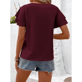 Blusa Elegante de Manga Curta com Babados Duplos em Borgonha para Mulheres - Top de Verão com Gola Redonda e Tecido Respirável, Caimento Regular para Looks Casuais & Formais, Camisas Femininas, Realce de Roupa Elegante, Material Não Transparente, Vestuári