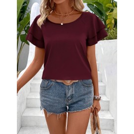 Blusa Elegante de Manga Curta com Babados Duplos em Borgonha para Mulheres - Top de Verão com Gola Redonda e Tecido Respirável, Caimento Regular para Looks Casuais & Formais, Camisas Femininas, Realce de Roupa Elegante, Material Não Transparente, Vestuári