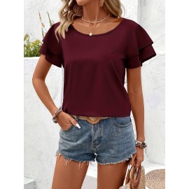 Blusa Elegante de Manga Curta com Babados Duplos em Borgonha para Mulheres - Top de Verão com Gola Redonda e Tecido Respirável, Caimento Regular para Looks Casuais & Formais, Camisas Femininas, Realce de Roupa Elegante, Material Não Transparente, Vestuári
