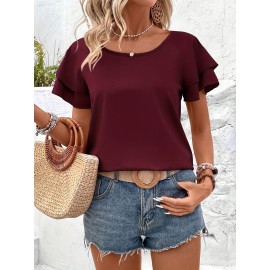 Blusa Elegante de Manga Curta com Babados Duplos em Borgonha para Mulheres - Top de Verão com Gola Redonda e Tecido Respirável, Caimento Regular para Looks Casuais & Formais, Camisas Femininas, Realce de Roupa Elegante, Material Não Transparente, Vestuári