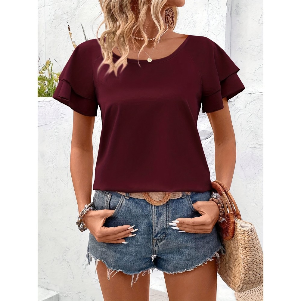 Blusa Elegante de Manga Curta com Babados Duplos em Borgonha para Mulheres - Top de Verão com Gola Redonda e Tecido Respirável, Caimento Regular para Looks Casuais & Formais, Camisas Femininas, Realce de Roupa Elegante, Material Não Transparente, Vestuári