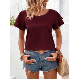 Blusa Elegante de Manga Curta com Babados Duplos em Borgonha para Mulheres - Top de Verão com Gola Redonda e Tecido Respirável, Caimento Regular para Looks Casuais & Formais, Camisas Femininas, Realce de Roupa Elegante, Material Não Transparente, Vestuári