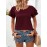 Blusa Elegante de Manga Curta com Babados Duplos em Borgonha para Mulheres - Top de Verão com Gola Redonda e Tecido Respirável, Caimento Regular para Looks Casuais & Formais, Camisas Femininas, Realce de Roupa Elegante, Material Não Transparente, Vestuári
