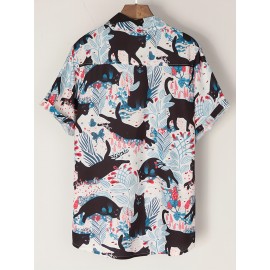 Camisa de manga curta para mulheres da moda europeia e americana com direção, gola e padrão de gato preto estampado em toda a camisa casual para casal