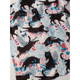 Camisa de manga curta para mulheres da moda europeia e americana com direção, gola e padrão de gato preto estampado em toda a camisa casual para casal