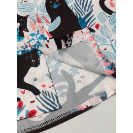 Camisa de manga curta para mulheres da moda europeia e americana com direção, gola e padrão de gato preto estampado em toda a camisa casual para casal