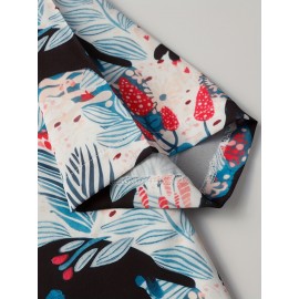 Camisa de manga curta para mulheres da moda europeia e americana com direção, gola e padrão de gato preto estampado em toda a camisa casual para casal
