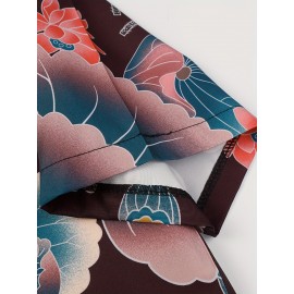 Camisa Com Botão Estampado De Lótus, Camisa De Praia Com Gola De Manga Curta Para Férias, Roupas Femininas