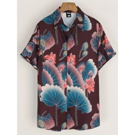 Camisa Com Botão Estampado De Lótus, Camisa De Praia Com Gola De Manga Curta Para Férias, Roupas Femininas
