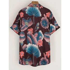 Camisa Com Botão Estampado De Lótus, Camisa De Praia Com Gola De Manga Curta Para Férias, Roupas Femininas