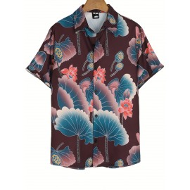 Camisa Com Botão Estampado De Lótus, Camisa De Praia Com Gola De Manga Curta Para Férias, Roupas Femininas