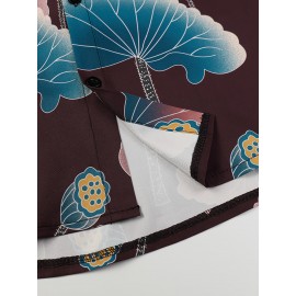 Camisa Com Botão Estampado De Lótus, Camisa De Praia Com Gola De Manga Curta Para Férias, Roupas Femininas