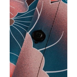 Camisa Com Botão Estampado De Lótus, Camisa De Praia Com Gola De Manga Curta Para Férias, Roupas Femininas