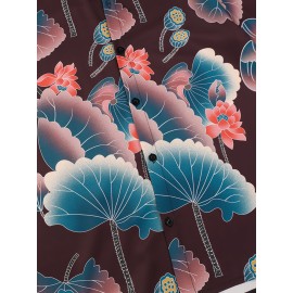 Camisa Com Botão Estampado De Lótus, Camisa De Praia Com Gola De Manga Curta Para Férias, Roupas Femininas